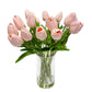 Handcrafted Real Touch Tulip Bouquet – 20 Customizable Artificial Tulips in Glass Vase with Faux Water, 14” Tall