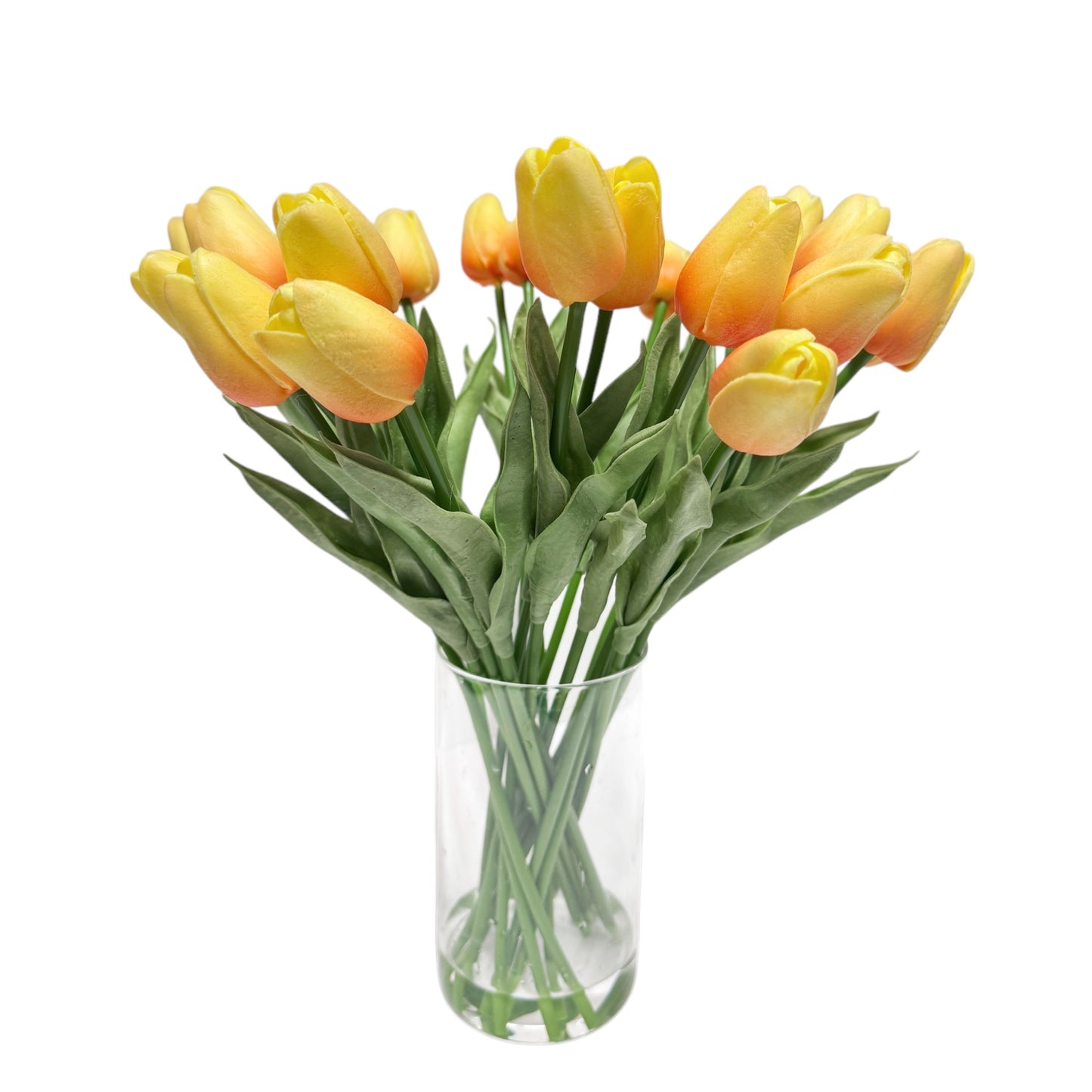 Handcrafted Real Touch Tulip Bouquet – 20 Customizable Artificial Tulips in Glass Vase with Faux Water, 14” Tall