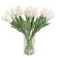 Handcrafted Real Touch Tulip Bouquet – 20 Customizable Artificial Tulips in Glass Vase with Faux Water, 14” Tall