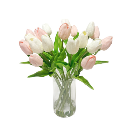 Handcrafted Real Touch Tulip Bouquet – 20 Customizable Artificial Tulips in Glass Vase with Faux Water, 14” Tall