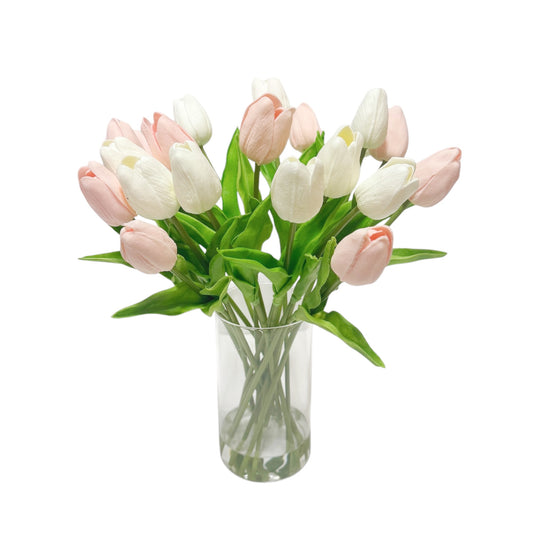 Handcrafted Real Touch Tulip Bouquet – 20 Customizable Artificial Tulips in Glass Vase with Faux Water, 14” Tall