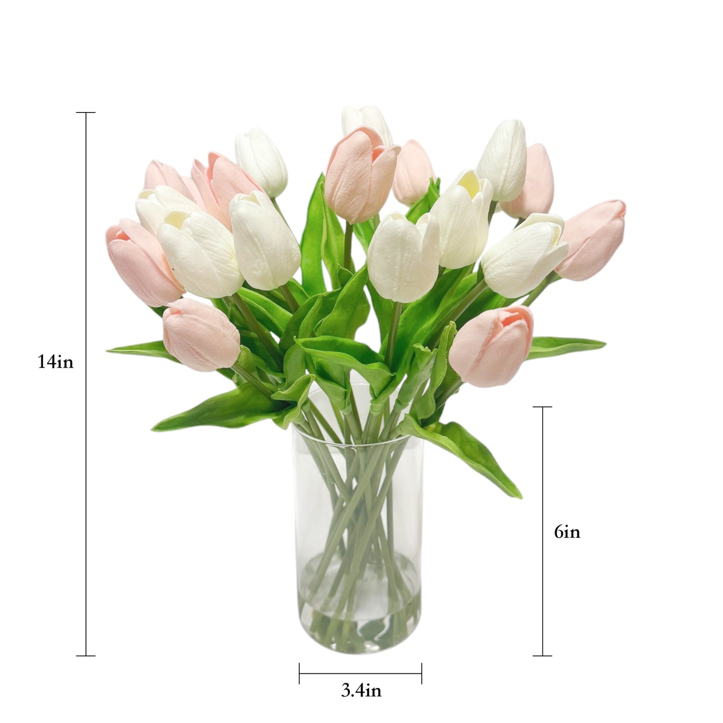 Handcrafted Real Touch Tulip Bouquet – 20 Customizable Artificial Tulips in Glass Vase with Faux Water, 14” Tall