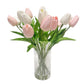 Handcrafted Real Touch Tulip Bouquet – 20 Customizable Artificial Tulips in Glass Vase with Faux Water, 14” Tall