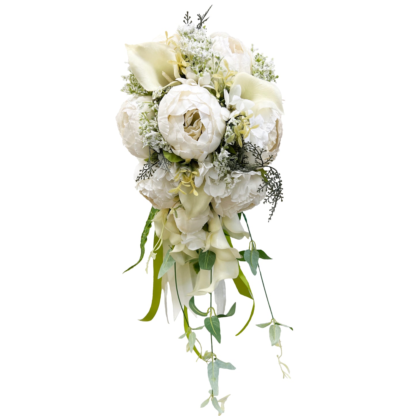 Artificial White Calla Lily and Peony Cascading Bridal Bouquet for Wedding