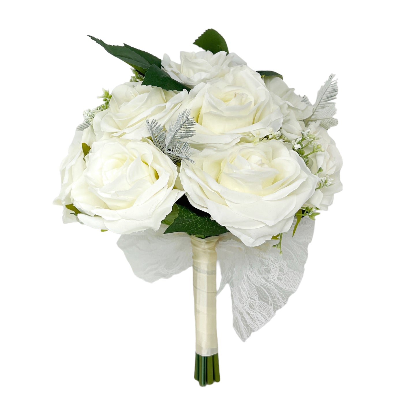 Artificial Rose Wedding Bouquet for Bridal and Bridesmaids in White/Pink with Lace Bow