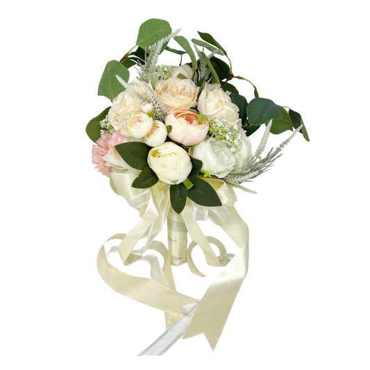 Elegant Artificial Wedding Bouquet with Roses, Peonies, and Eucalyptus for Brides and Bridesmaids
