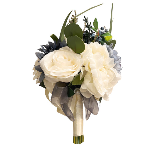 Artificial Wedding Bouquet with White and Blue Roses for Bride and Bridesmaids