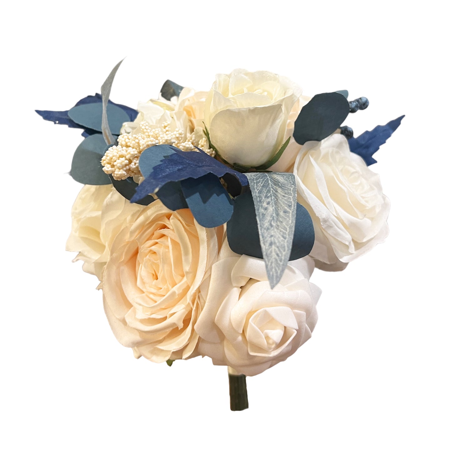 Artificial Roses Wedding Bouquet with Navy Teal Leaves and Blueberry for Brides and Bridesmaids