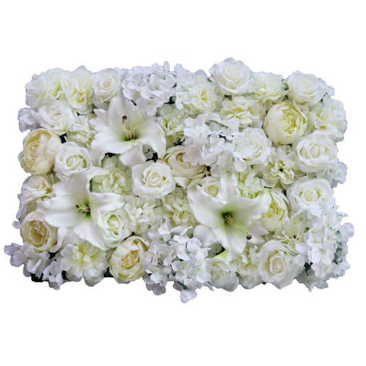 White Flower Wall Panel with Artificial Hydrangea and Lily for Wedding and Party Background Decoration (23" x 15")